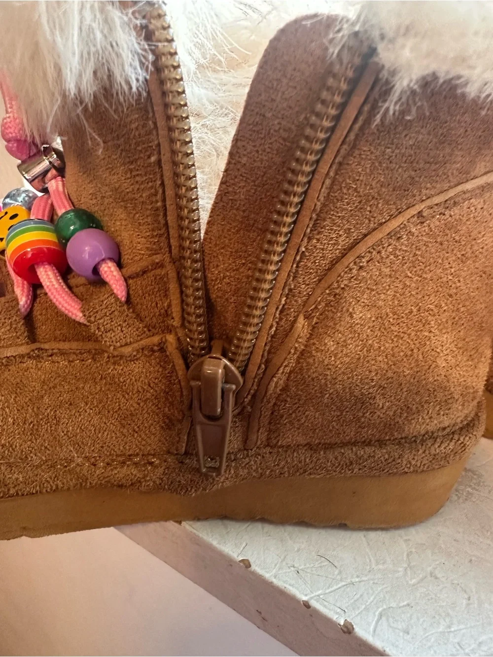 Kids Faux-Fur Lined Brown Winter Boots with Pink Beaded Laces